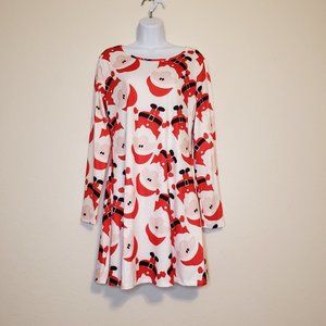 Women's White and Red Round Neck Long Sleeve Knee Length Flowy Santa Dress Large